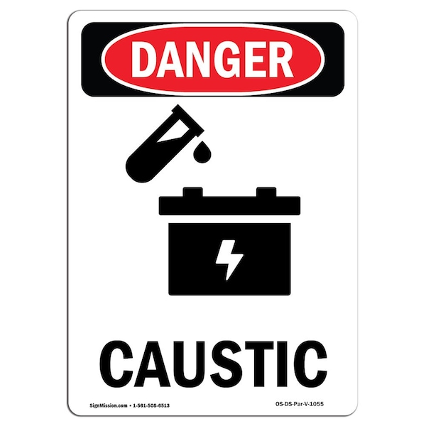 Safety Sign, OSHA Danger, 5" Height, Caustic, Portrait, DS-D-35-V-1055-10PK